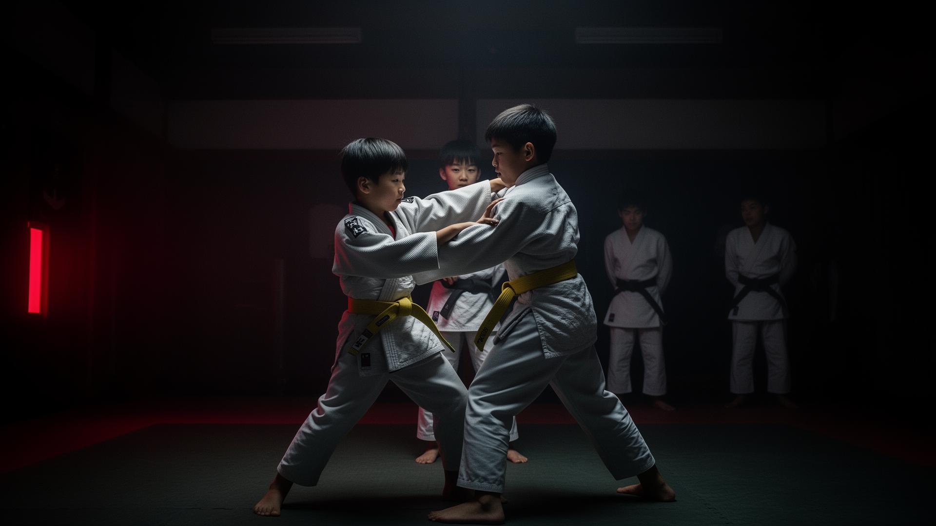 Crianças treinando judô no Instituto Garra